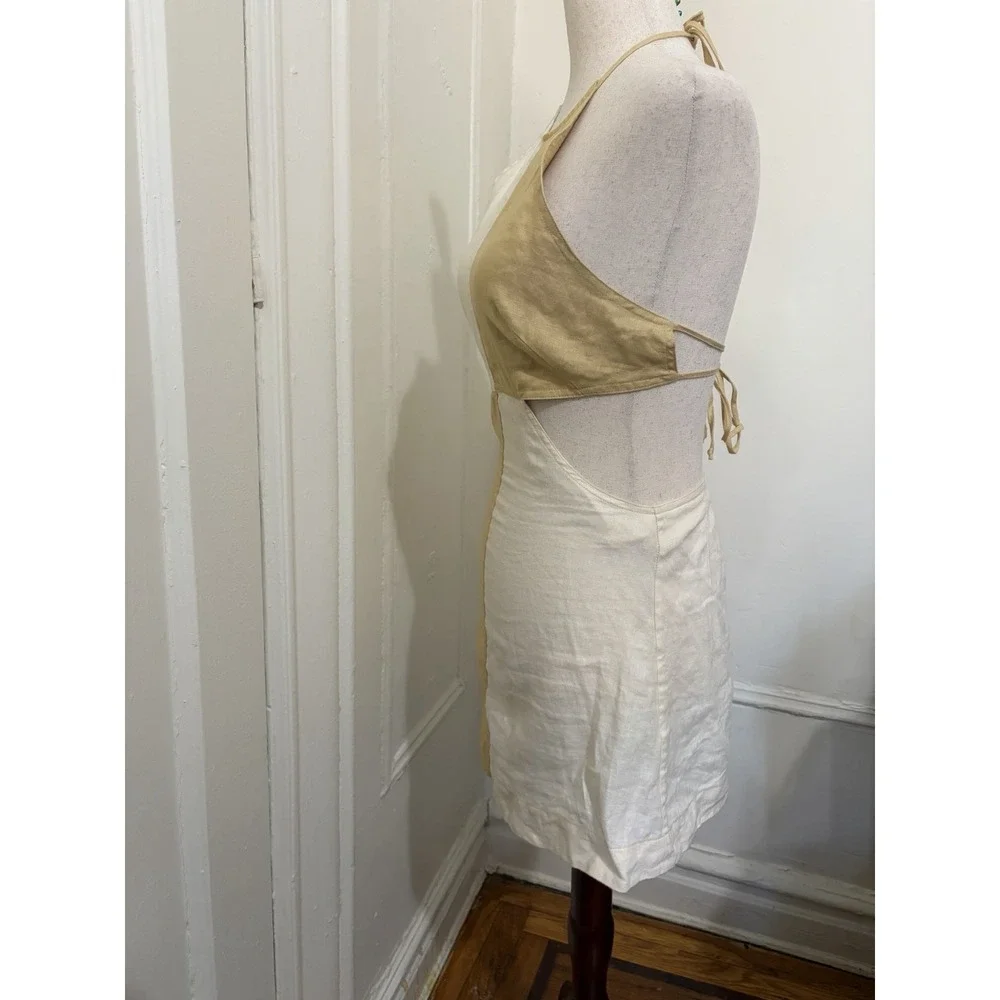 Matthew Bruch Colorblock Halter Linen Mini Dress‎ White Beige Size Small